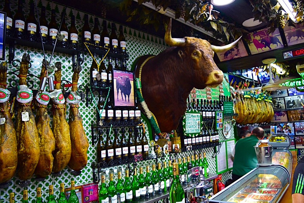 Picture of bull and decor inside Torre del Oro bar in Madrid Spain